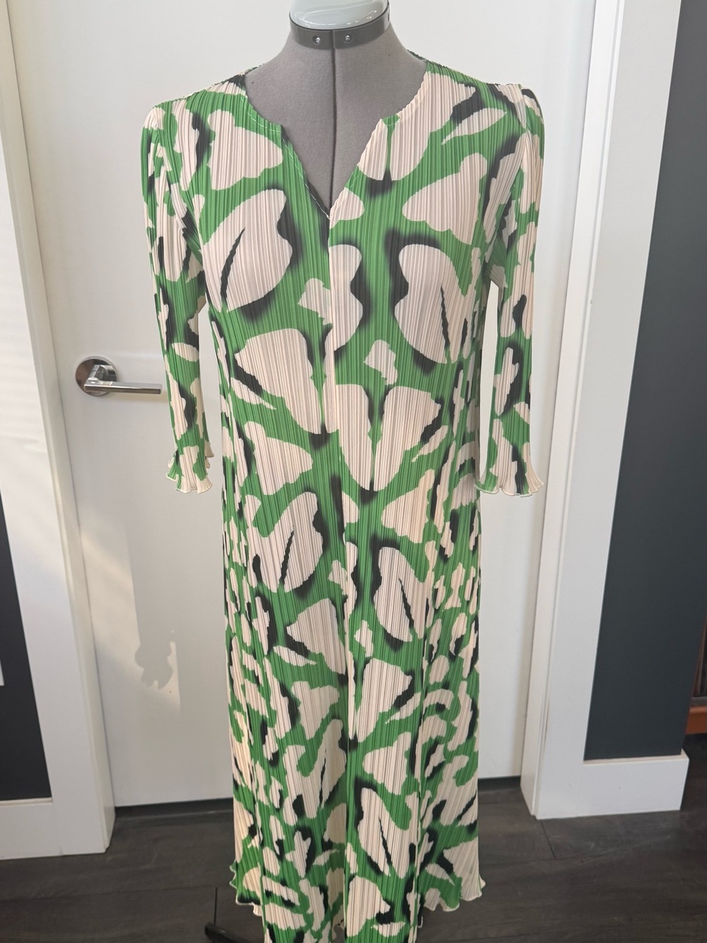 Issey Miyake Pleats Please Long Sleeve Midi Dress in Green/White/Black